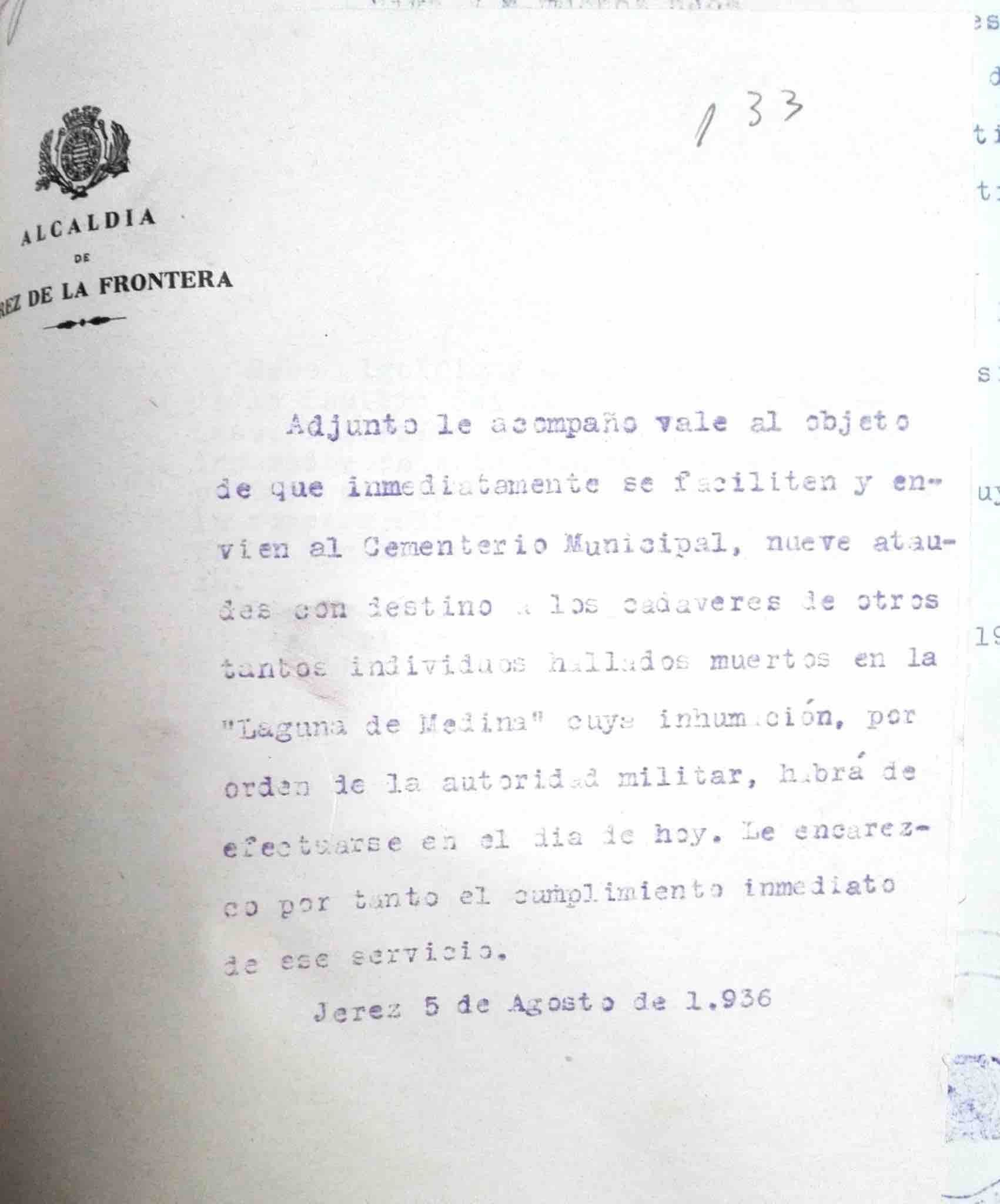 Se envían 9 ataúdes para 9 personas fusiladas  en el paraje de la Laguna de Medina. AMJF, Protocolo Municipal, tomo 612, Cementerio, 1936.