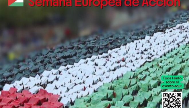 El cartel de la iniciativa para hacer un mosaico humano con la bandera de Palestina.. 