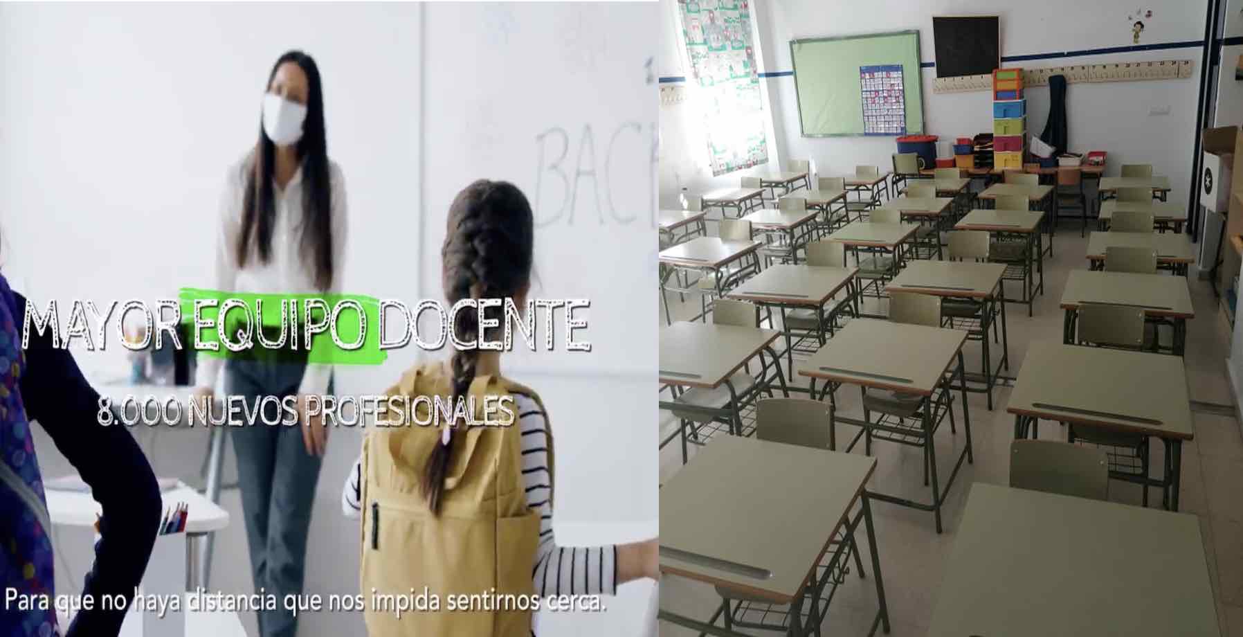 A la izquierda, detalle de un video promocional de la Junta sobre la vuelta al cole; a la derecha, estado actual de un aula en un colegio público andaluz.