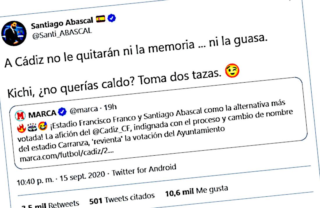 Mensaje en la red social 'Twitter' en la que Abascal habla de "guasa" de Cádiz sobre el nuevo nombre del Estadio.
