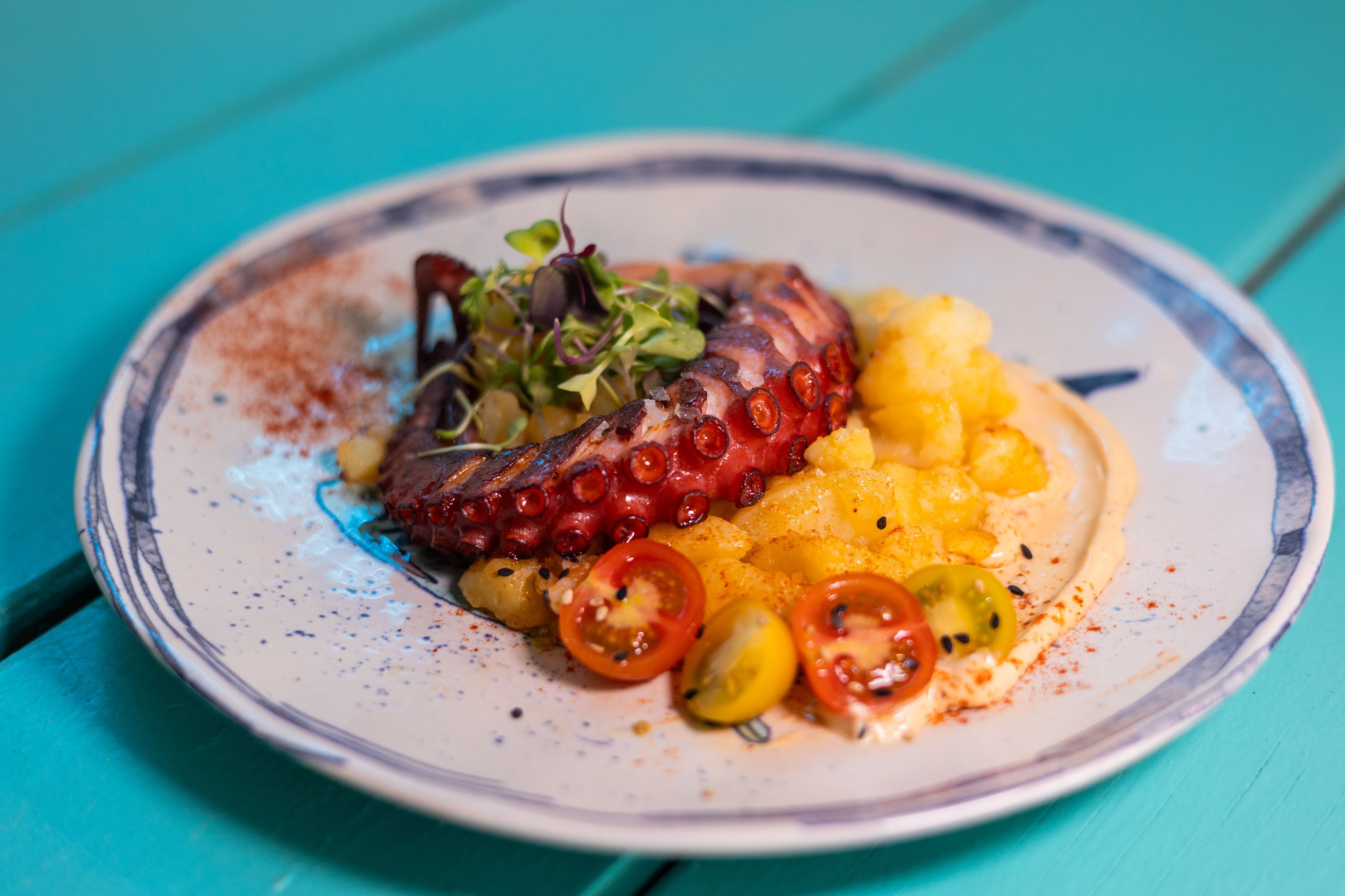 ⁠⁠Rejo de pulpo con parmentier de patata a feira en el beach club Mola Mola Oceanside.