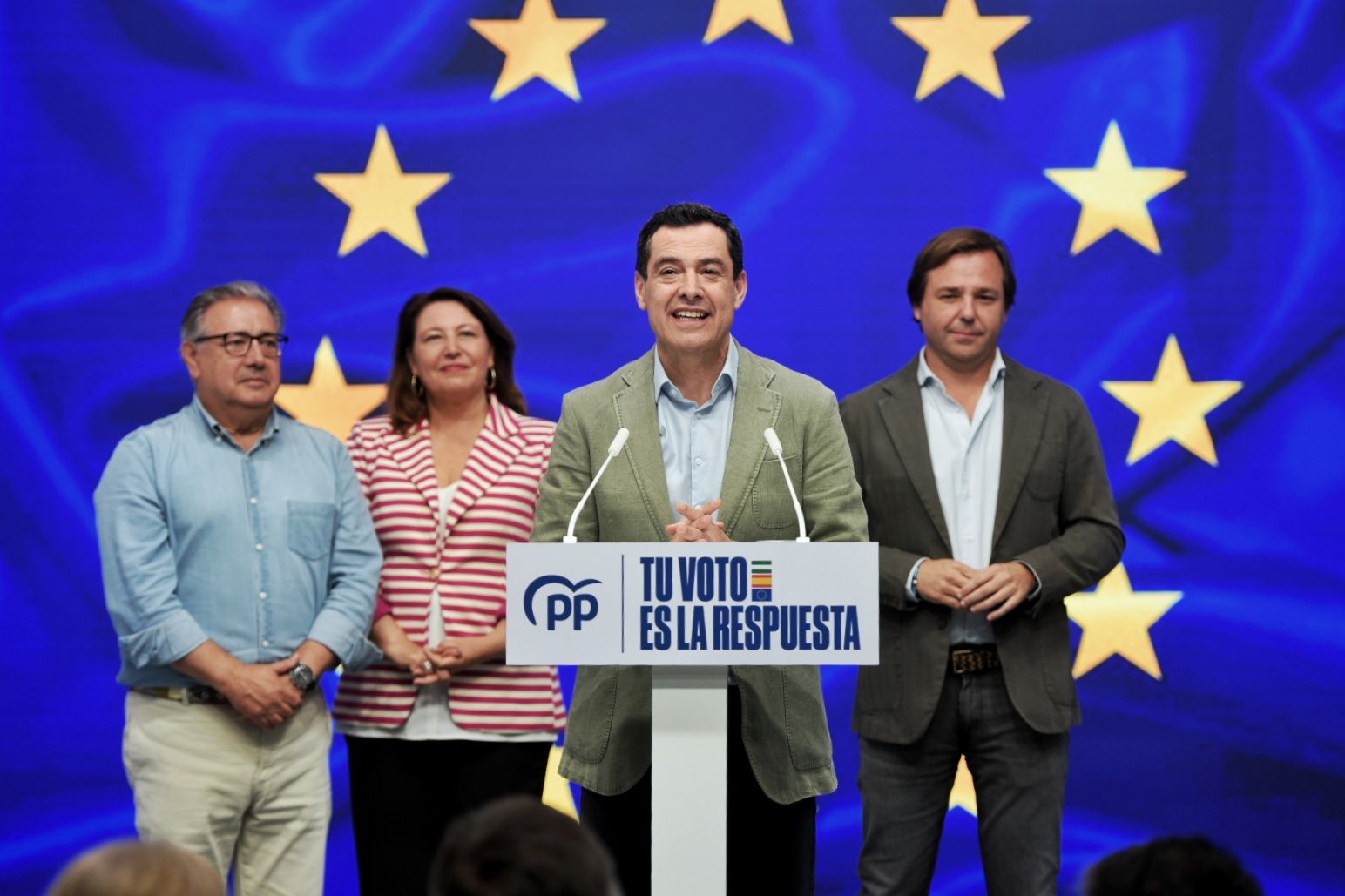 Moreno comparece, este pasado domingo por la noche, tras el histórico triunfo del PP andaluz en las europeas.