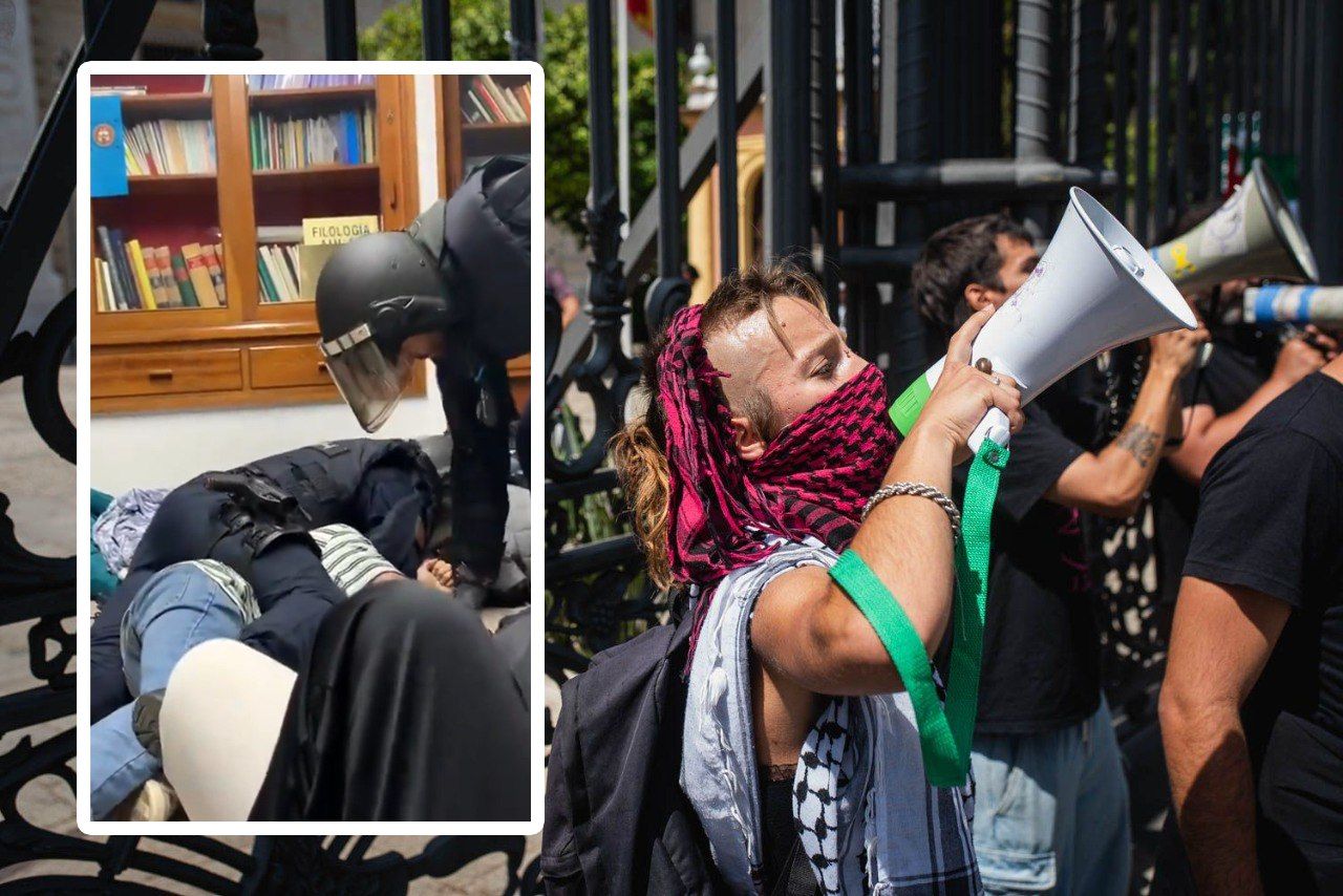 Las protestas en el Rectorado de la Hispalense, este martes, tras el desalojo policial de la noche anterior.
