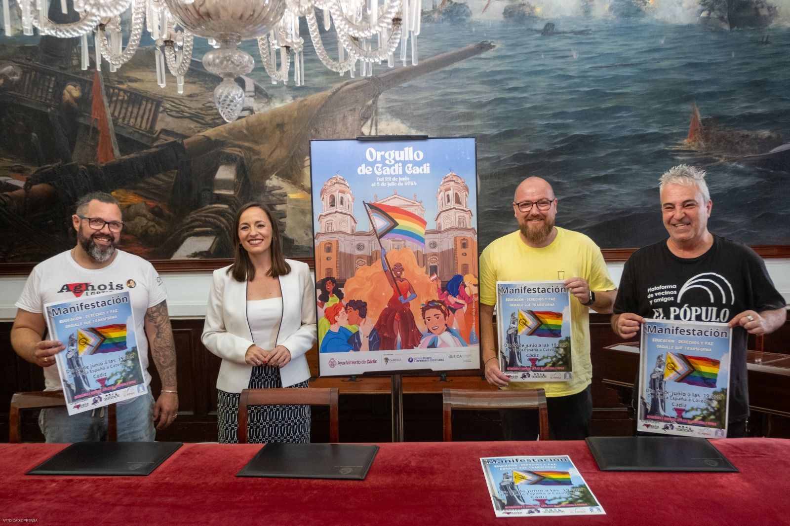 Virginia Martín, Jaime Zamora, Antonio Gallardo y Jonatan Cantero, durante la presentación de la programación del Orgullo 2024 en Cádiz.