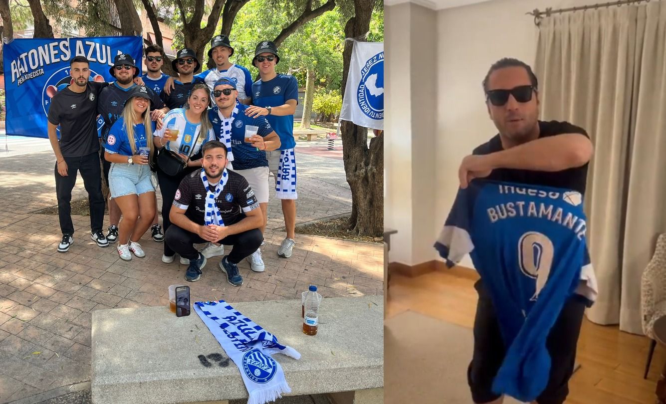 Miembros de la peña Ratones Azulaos, en una imagen de su Twitter, y Davis Bustamante, un xerecista más.