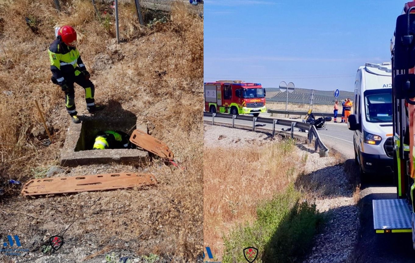 El rescate del cuerpo del motorista que ha caído en una arqueta tras el accidente.