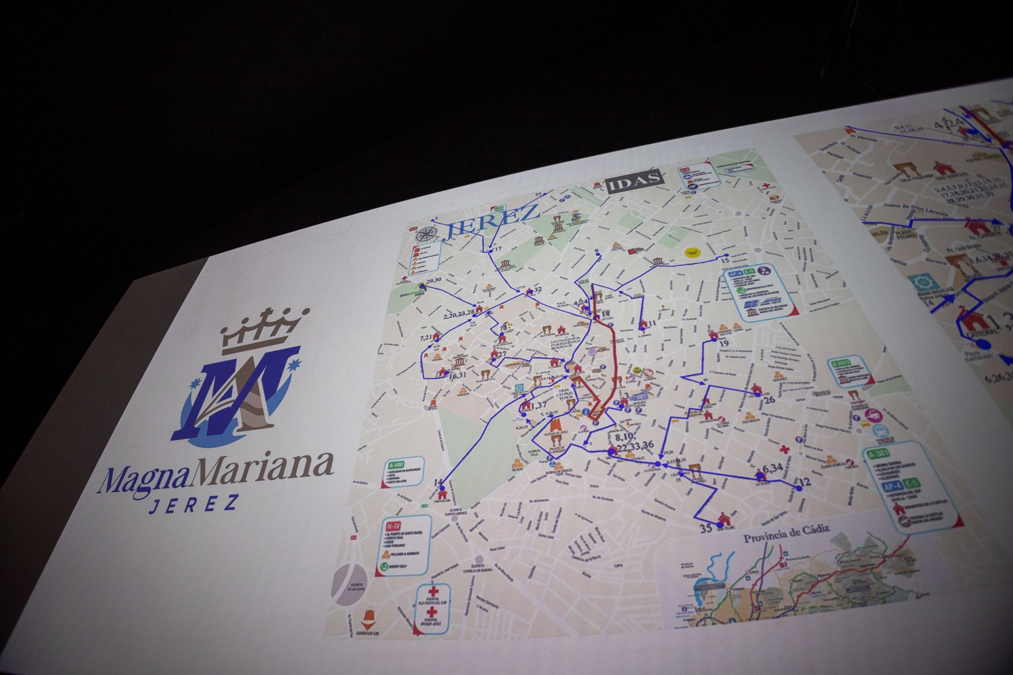 Detalle de una proyección con el plano de itinerarios. 