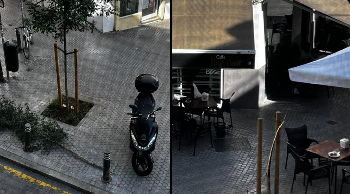 Estado en que ha quedado el árbol tras amarrar a él la bicicleta una persona, en una imagen de denuncia de @EAlvarezOrtega.