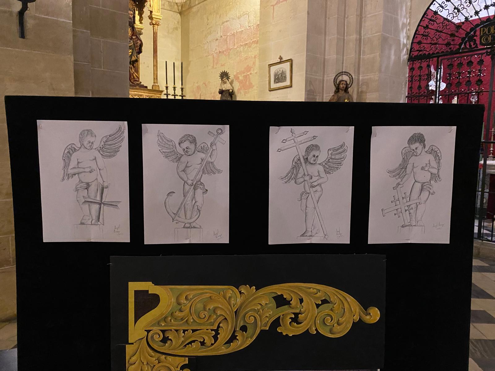 Reforma del misterio de la Vera Cruz. Detalles de los ángeles que se situarán en las esquinas y el boceto de la maniqueta. 