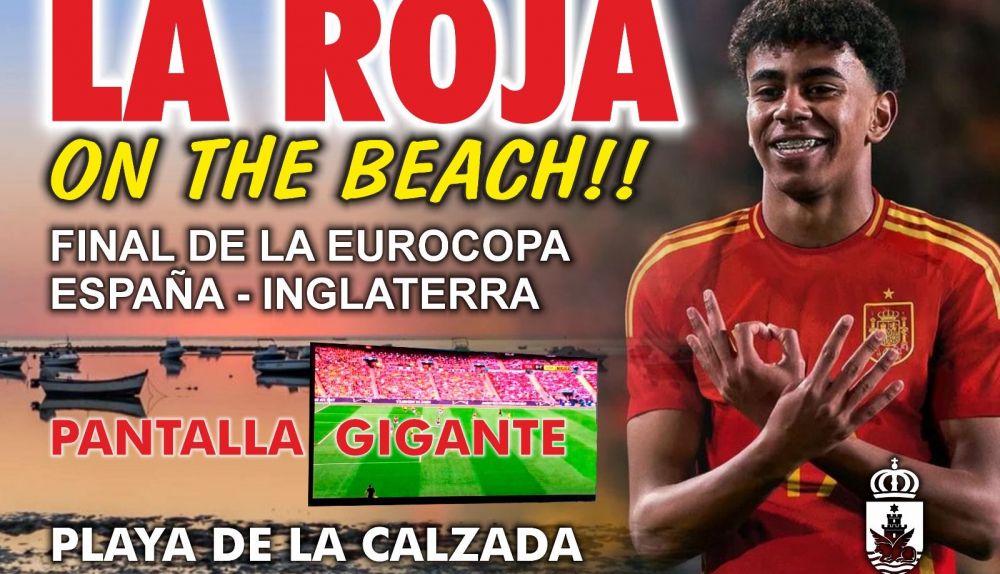 Cartel de anuncio de la instalación de la pantalla gigante para ver la final de la Eurocopa en Sanlúcar.