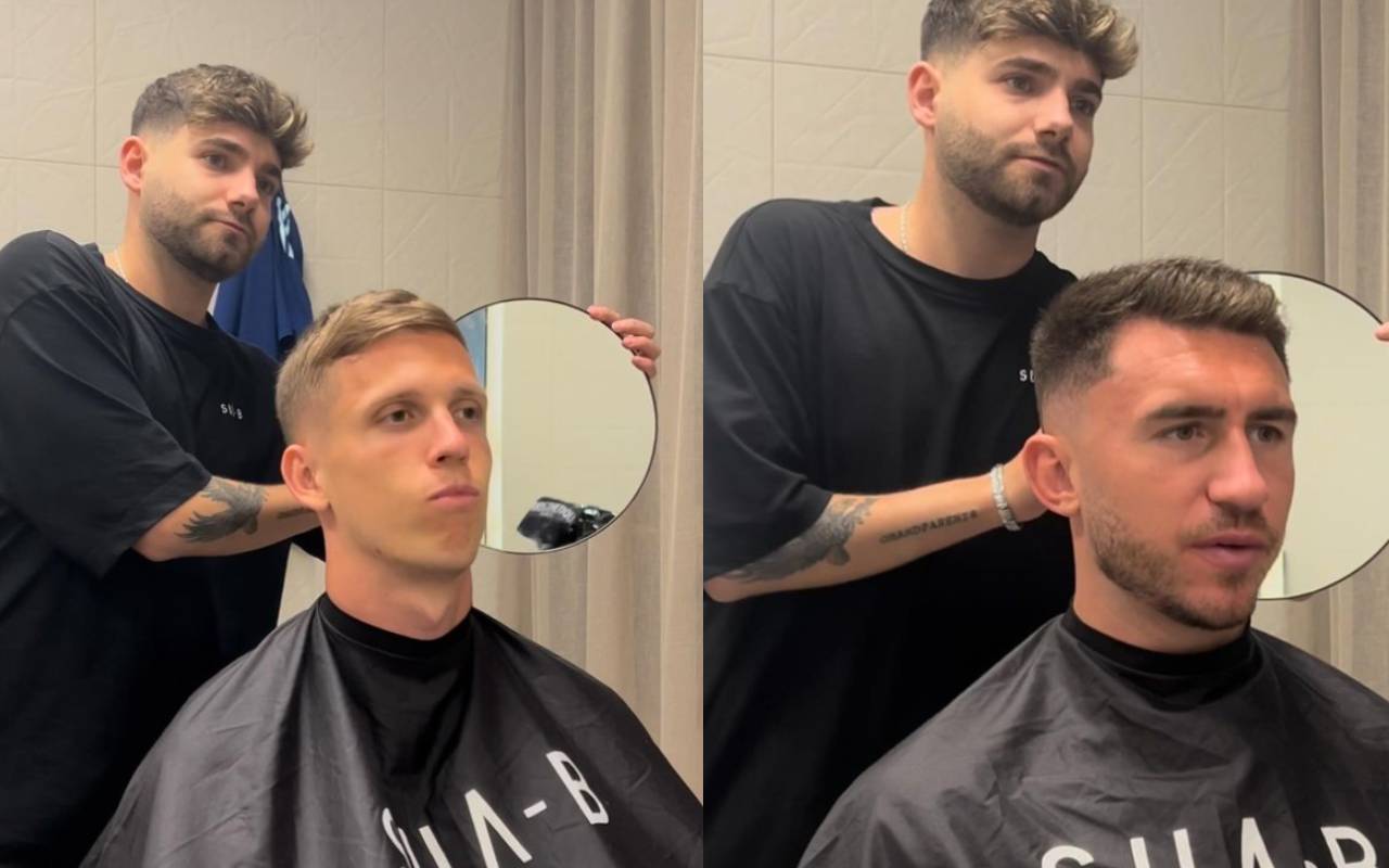 Javi López, peluquero de Puerto Real, con los jugadores de la Selección Dani Olmo y Aymerich Laporte.