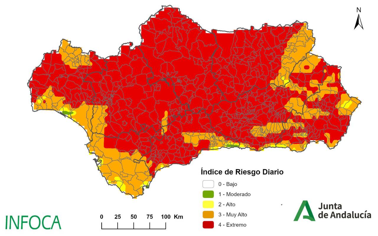 Mapa difundido por el Infoca en el que se observa el nivel de riesgo de incendios forestales en Andalucía para el lunes.