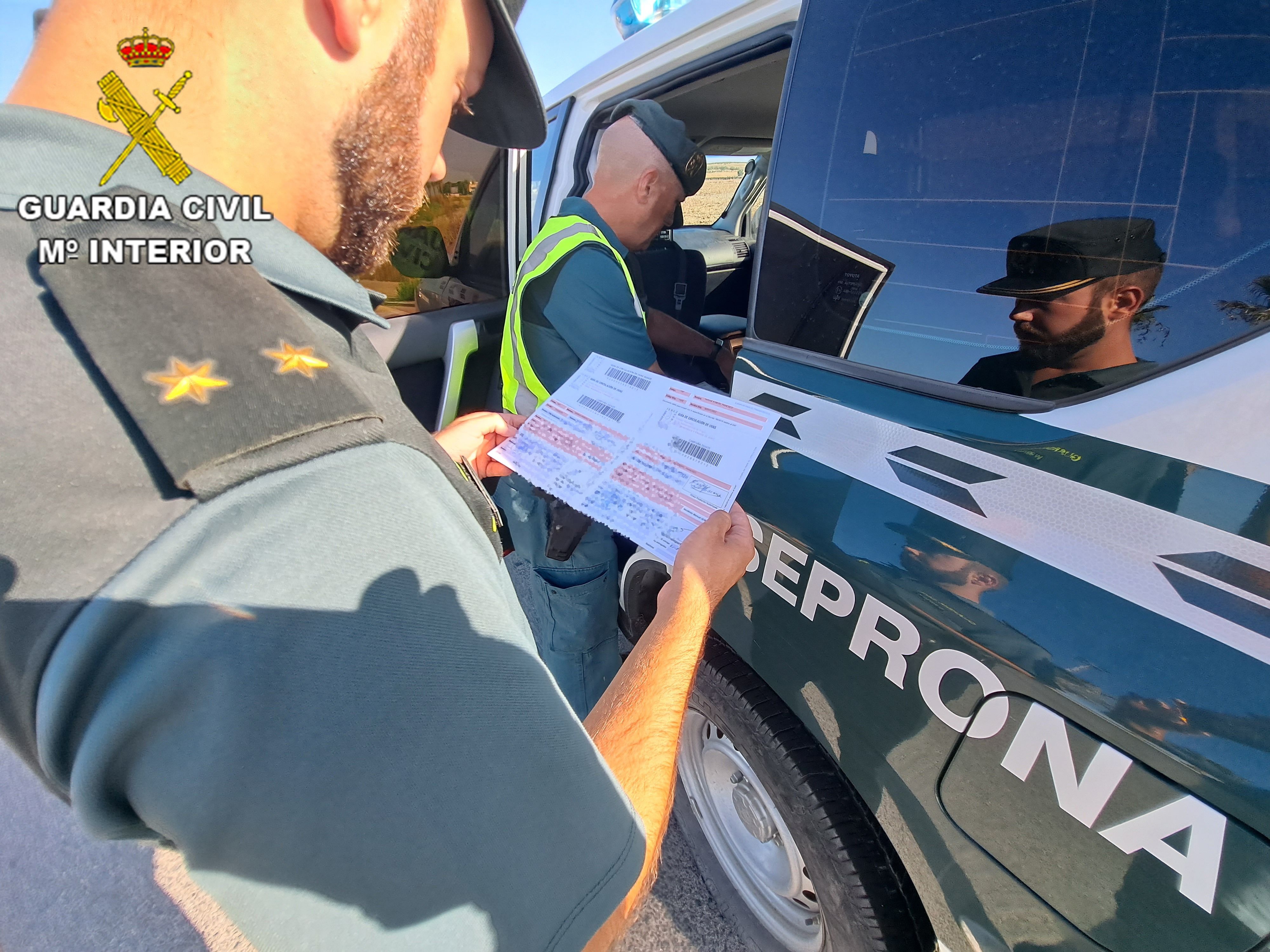 Un agente de la Guardia Civil comprobando la documentación de un transporte.