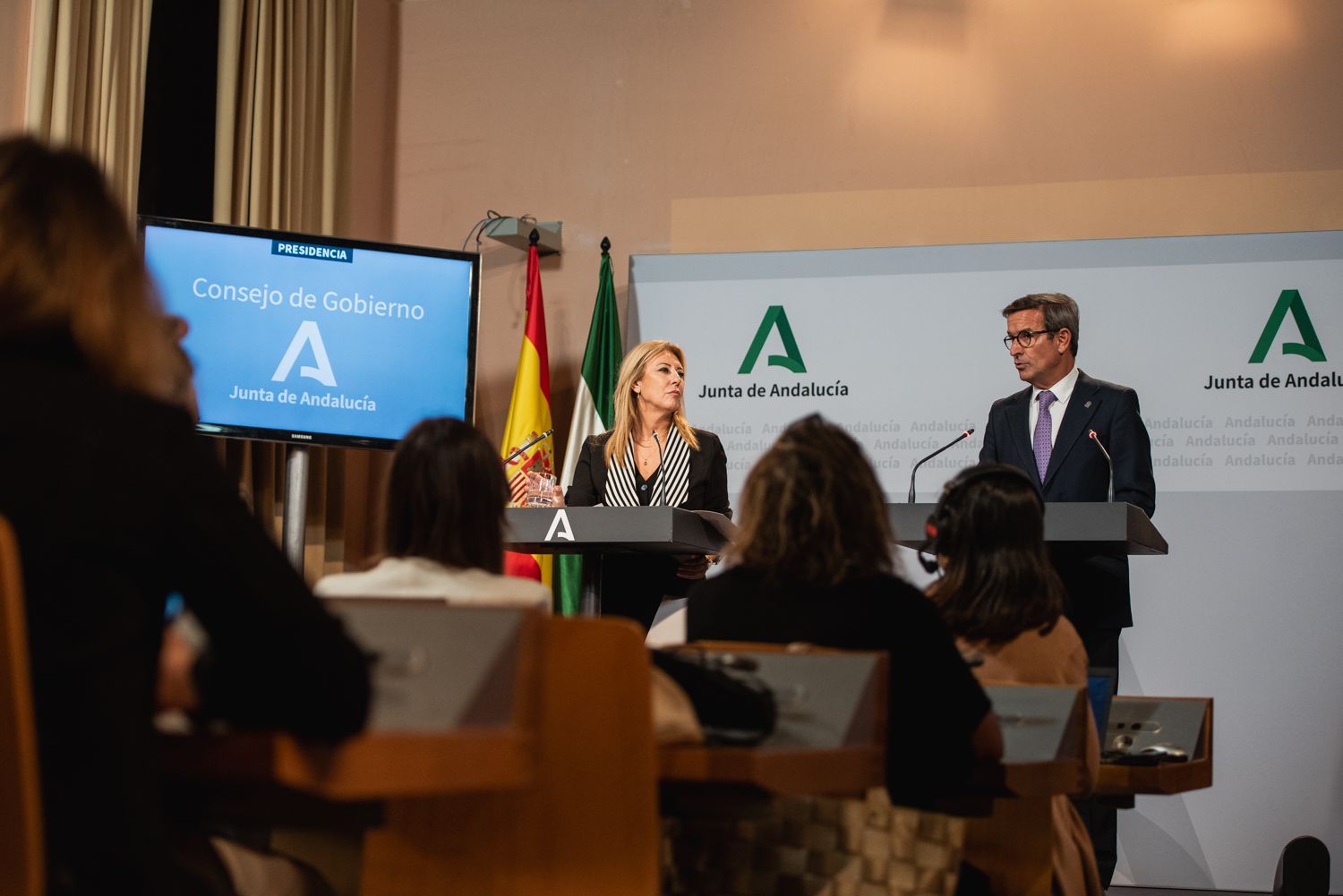 La rueda de prensa posterior al Consejo de Gobierno andaluz, celebrado este martes en San Telmo.