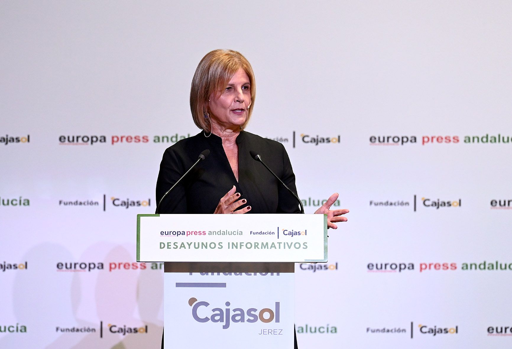 La alcaldesa de Jerez, María José García-Pelayo, en el desayuno informativo en la Fundación Cajasol. La alcaldesa de Jerez, María José García-Pelayo, en el desayuno informativo en la Fundación Cajasol.