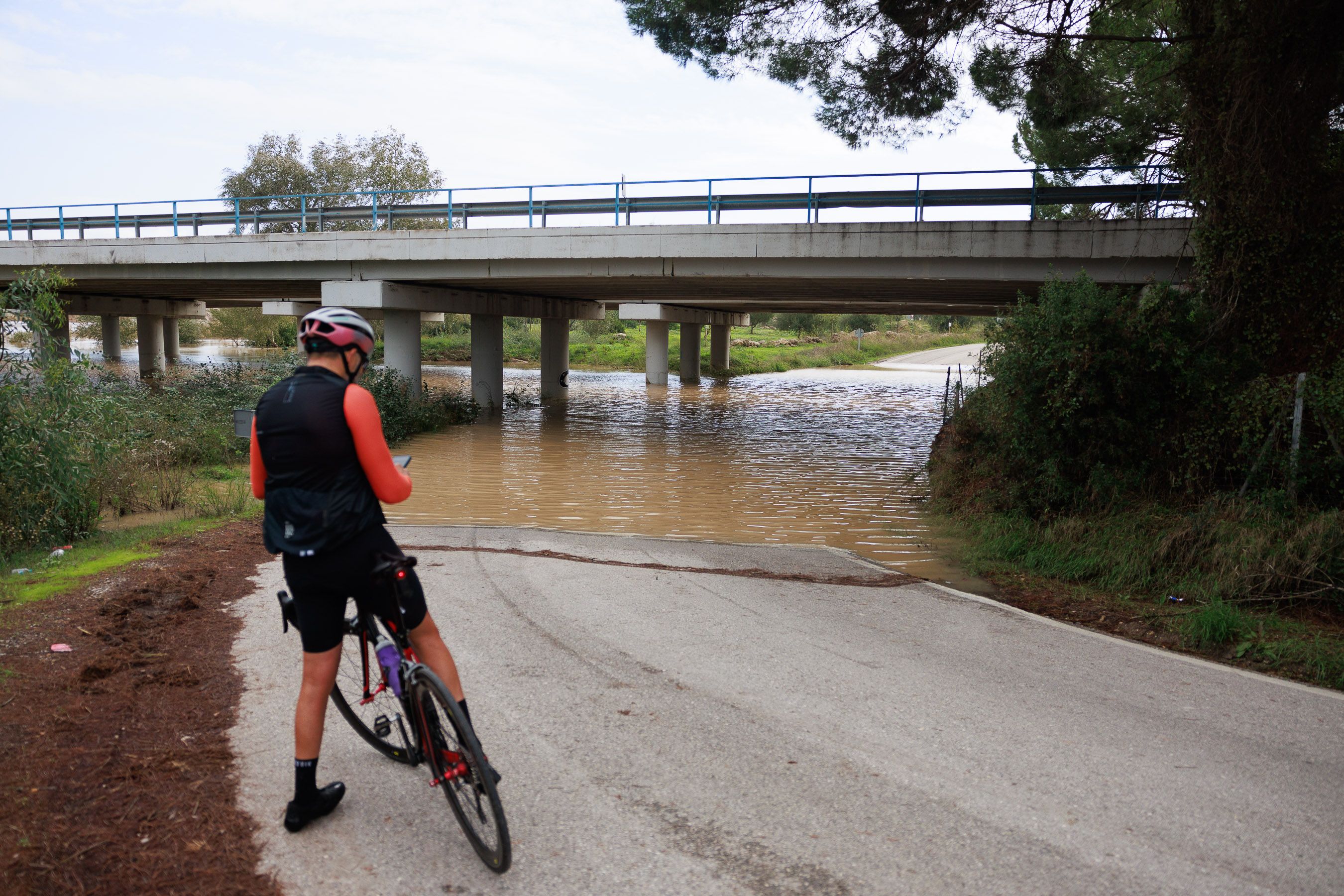 Uno de los puentes cortados en las Pachecas  por el desborde del Guadalete
