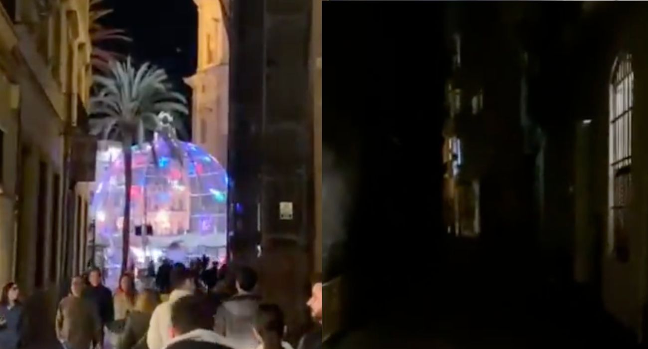Gran contraste en Cádiz entre zonas con gran iluminación navideña y otras completamente a oscuras.