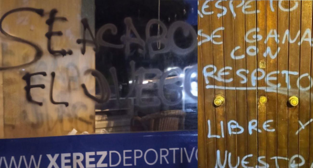Pintada en la sede del Xerez Deportivo FC y en la vivienda de un socio del Xerez CD. Los presidentes de ambos clubes han sido citados por Pelayo. Pintada en la sede del Xerez Deportivo FC y en la vivienda de un socio del Xerez CD. Los presidentes de ambos clubes han sido citados por Pelayo.
