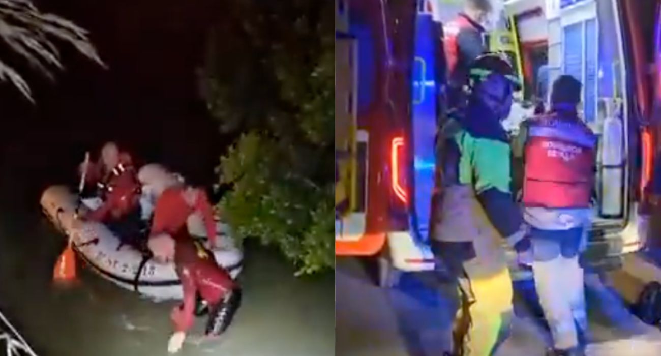 Dos imágenes del rescate de un hombre en el Puente de Triana.