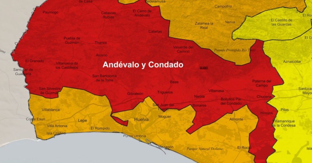 Mapa de la Agencia Estatal de Metereología con el aviso rojo en la provincia de Huelva.
