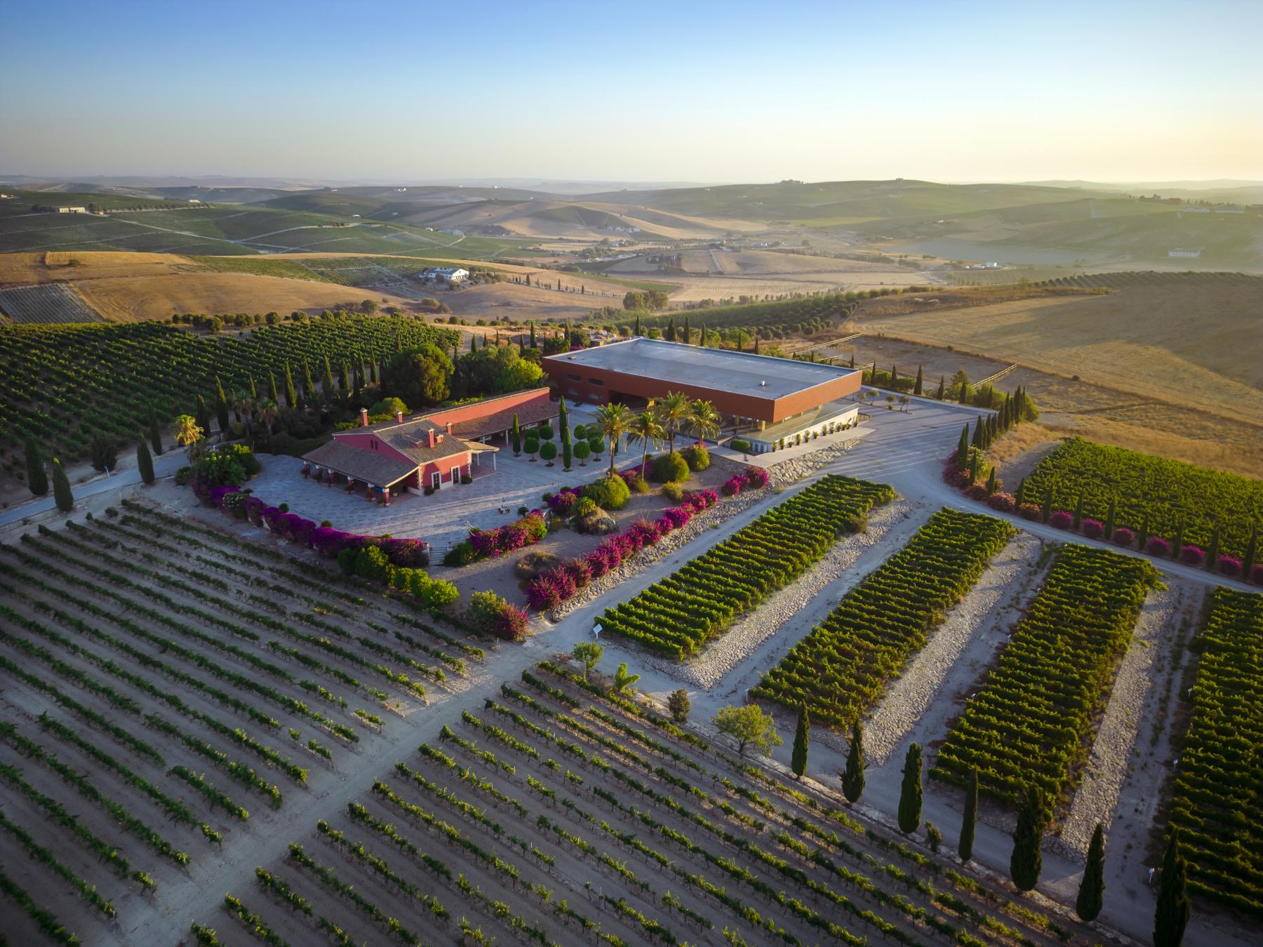 Vista aérea del complejo Luis Pérez, la bodega de Jerez con cata y tour cada día.