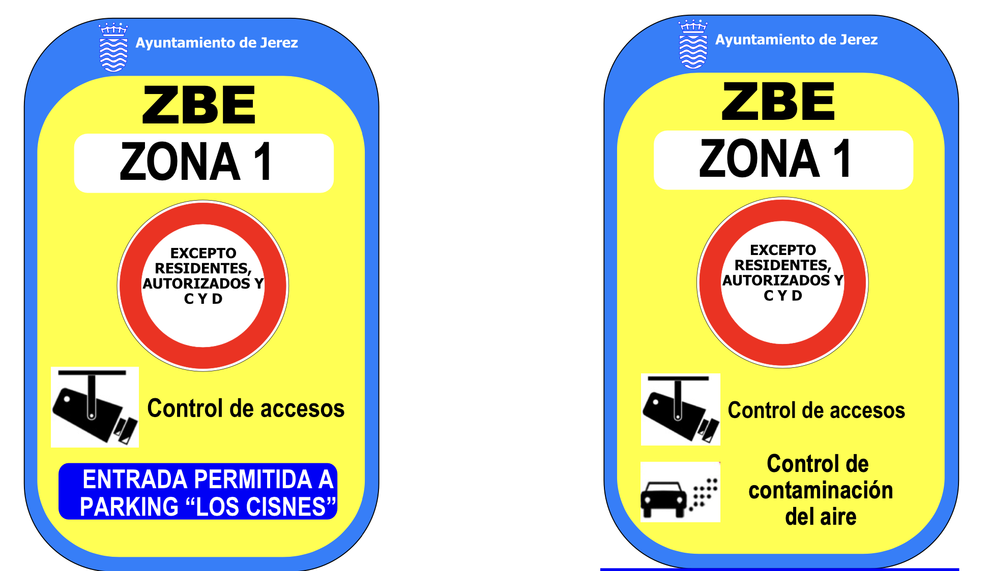 Carteles de la Zona de Bajas Emisiones (ZBE) de Jerez, que podrán verse en breve en el centro de la ciudad.