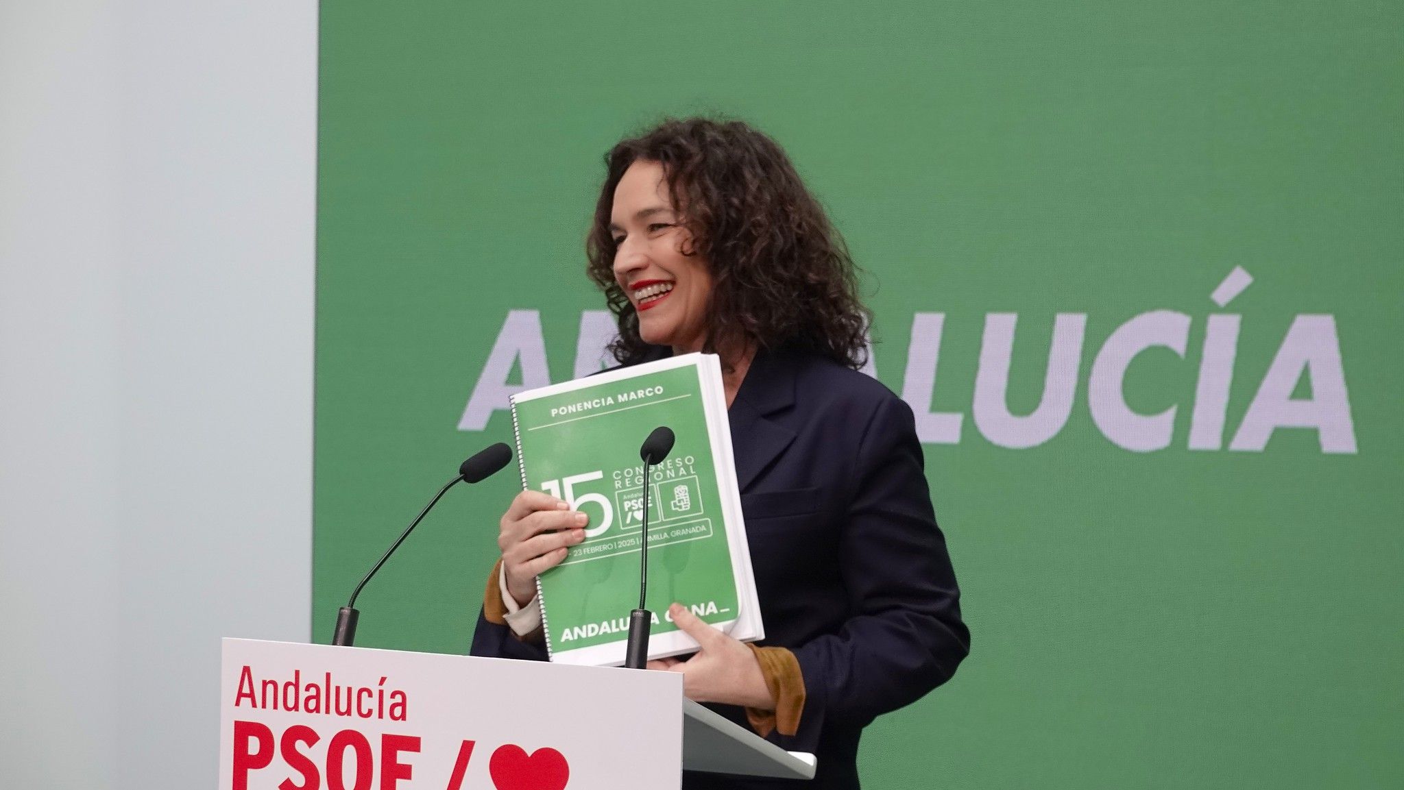 Lina Gálvez, eurodiputada andaluza del PSOE, al presentar las líneas políticas de cara a su congreso regional, de tono andalucista y de izquierdas.