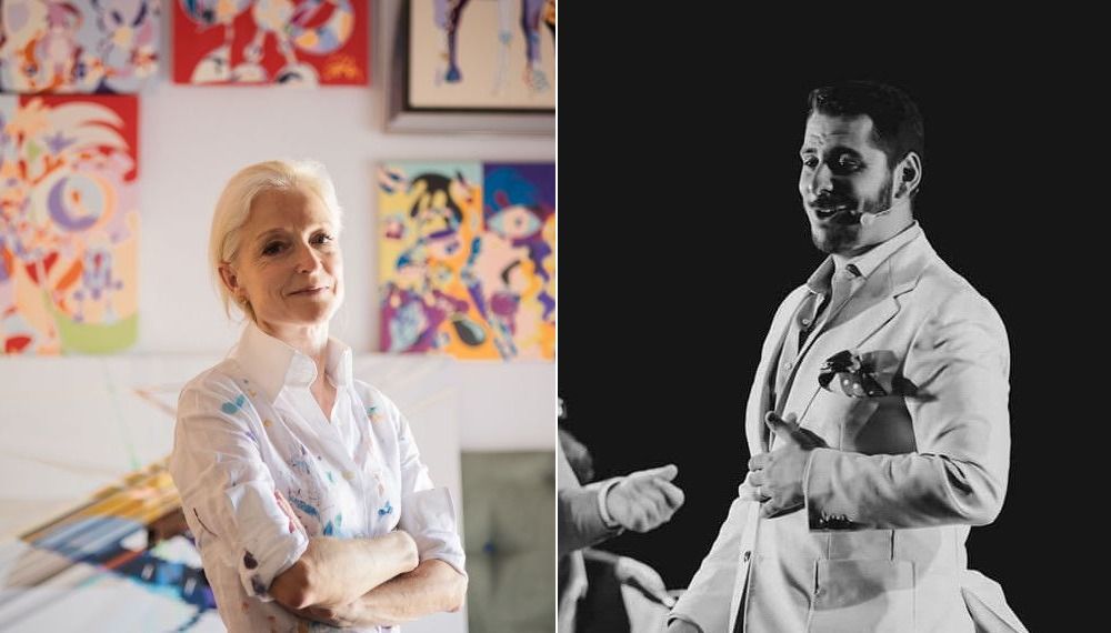 Uta Geub y Manuel de Cantarote, cartelista y pregonero del Rocío. 