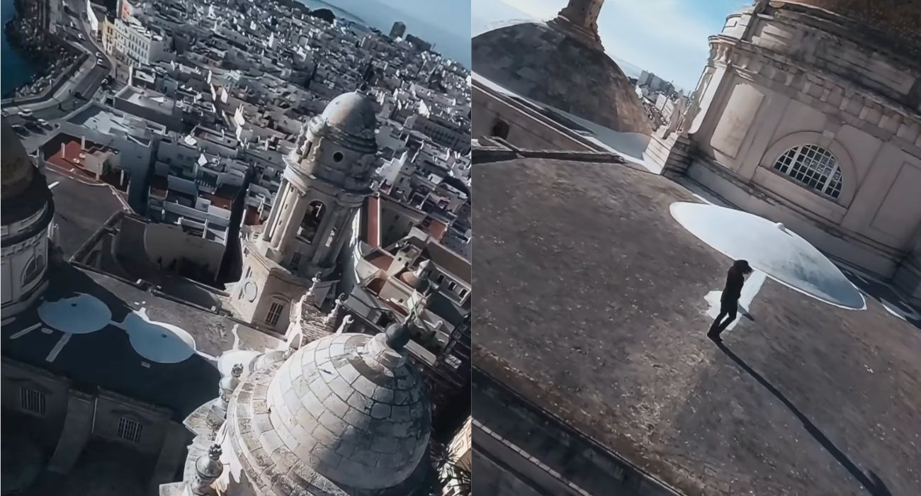 Dos de las espectaculares imágenes aéreas de Cádiz, con el bailaor Junco derrochando arte en lo alto de la Catedral.