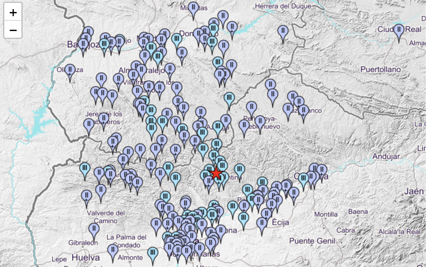 Puntos donde se ha dejado sentir el terremoto con epicentro en la Sierra Norte de Sevilla.