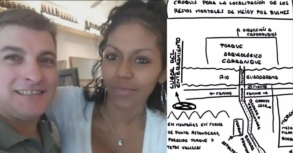 El 'Rey del Cachopo', junto a Heidi, a la que asesinó en 2018, y el plano que ha aportado para su localización. El 'Rey del Cachopo', junto a Heidi, a la que asesinó en 2018, y el plano que ha aportado para su localización.