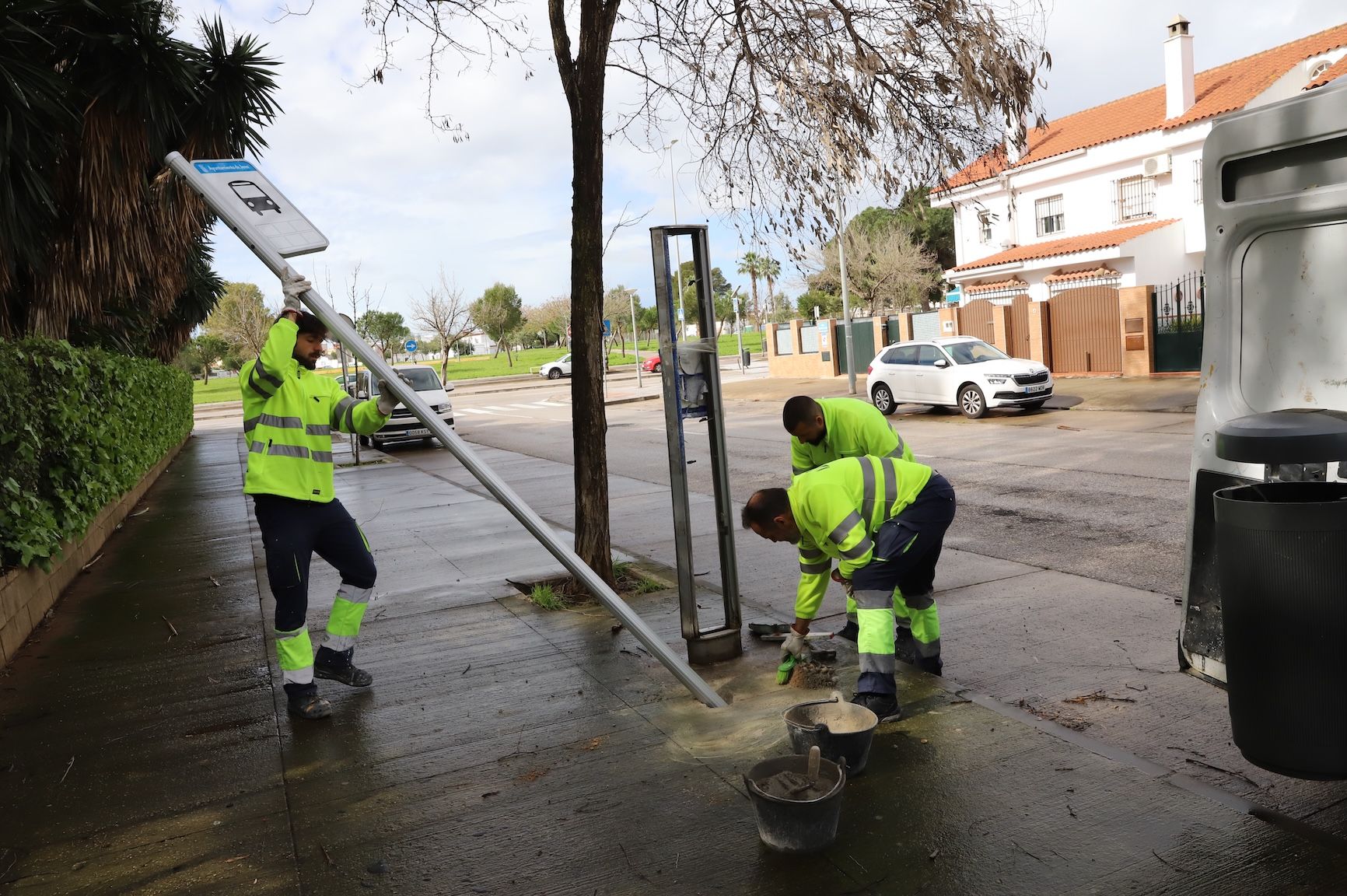 Jerez estrena nuevos postes del servicio de autobús, mientras llegan nuevos vehículos.