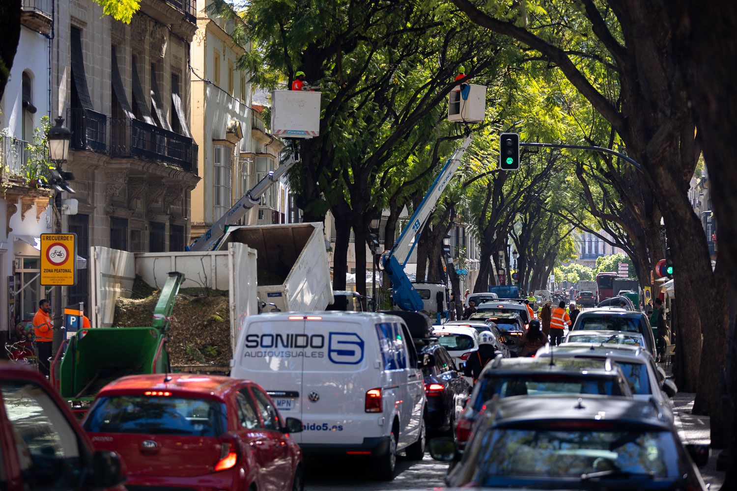 ¿El motivo del caos circulatorio? Una de las calle más bellas de la ciudad está acicalándose ante la próxima Semana Santa.