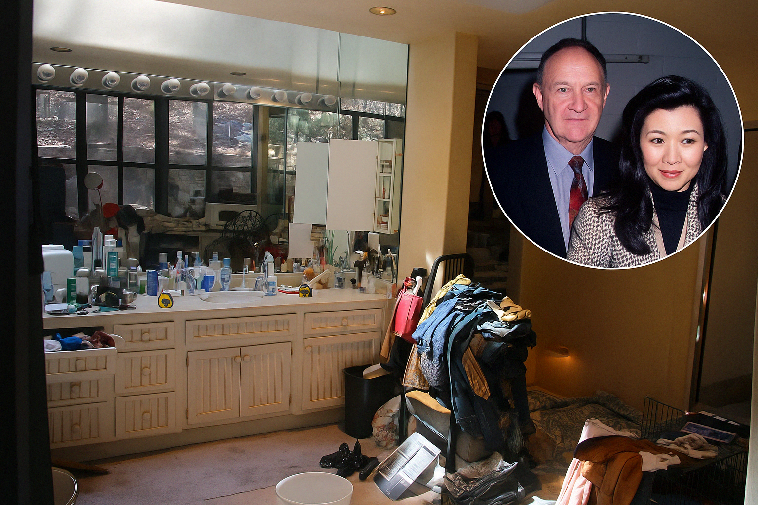 Gene Hackman junto a su esposa y, en una imagen de la oficina del sheriff de Santa Fe, estado de desorden de la vivienda que compartían.