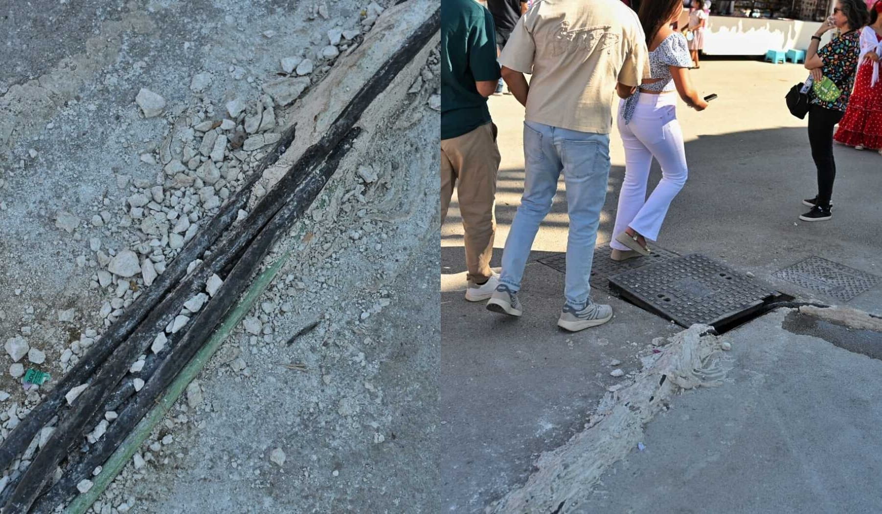 Estado del suelo con la arqueta y cables mal colocados en los cacharritos de la Feria.