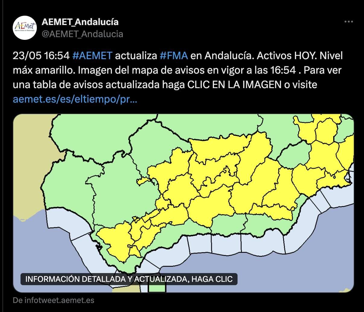 El aviso amarillo activado poco antes de las cinco de la tarde, cuando ya había pasado lo peor.