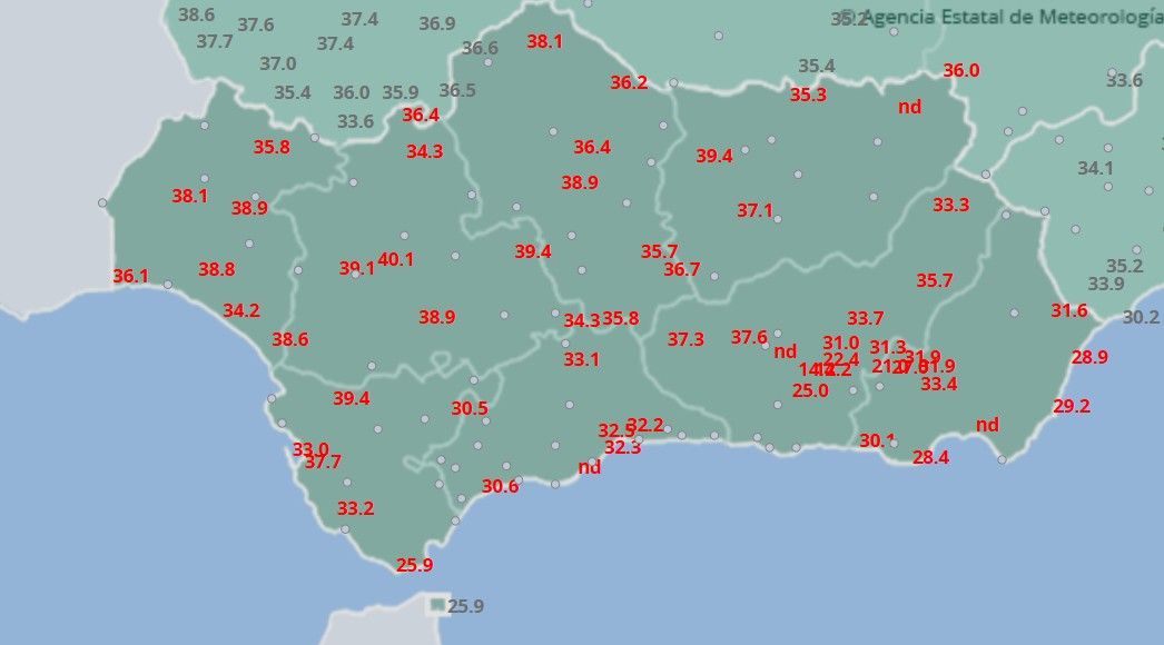 Mapa de temperaturas en Andalucía este pasado viernes 30 de mayo.