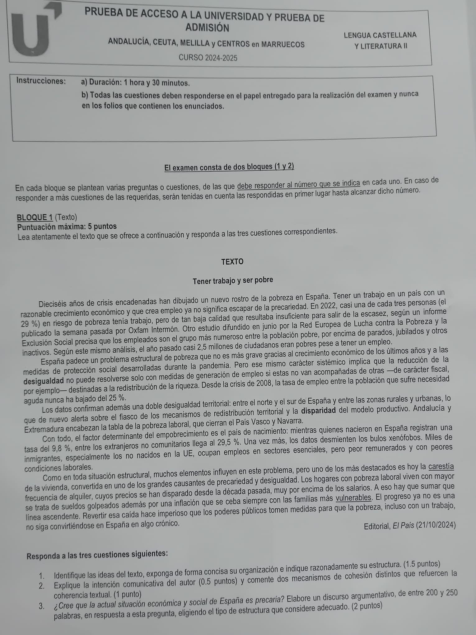 El editorial de El País en la PAU de Andalucía.