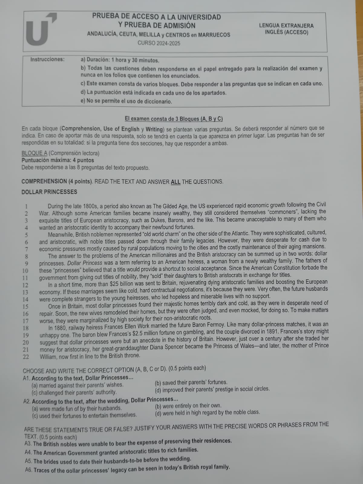 PAU Andalucía 2025   el examen de inglés.