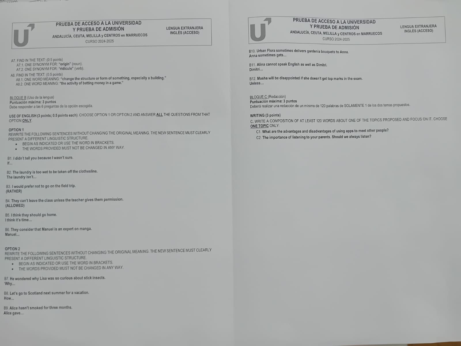 Segunda parte del examen de inglés 2025 en Andalucía