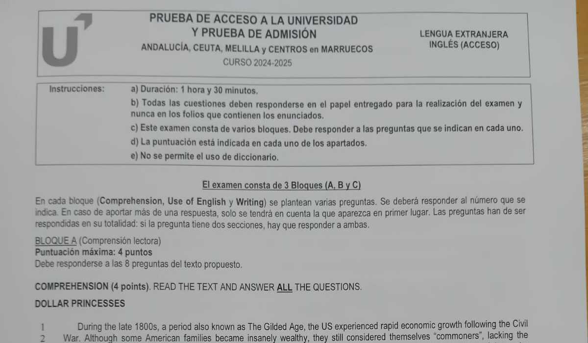 Extracto del examen de inglés en la PAU de 2025 en Andalucía.