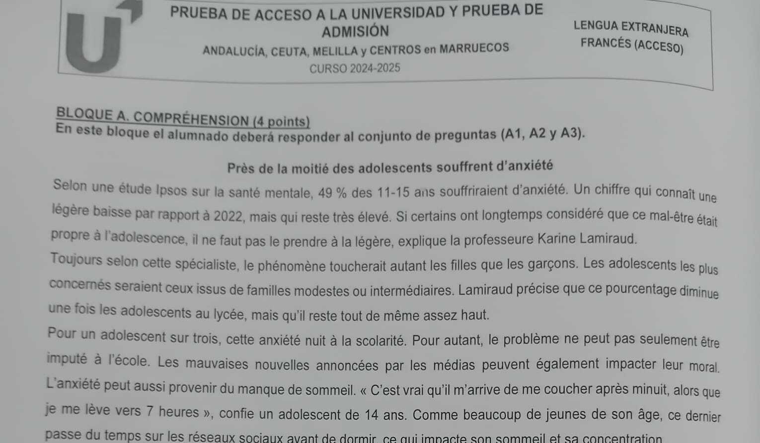 Un extracto del examen de francés de la PAU 2025 en Andalucía.