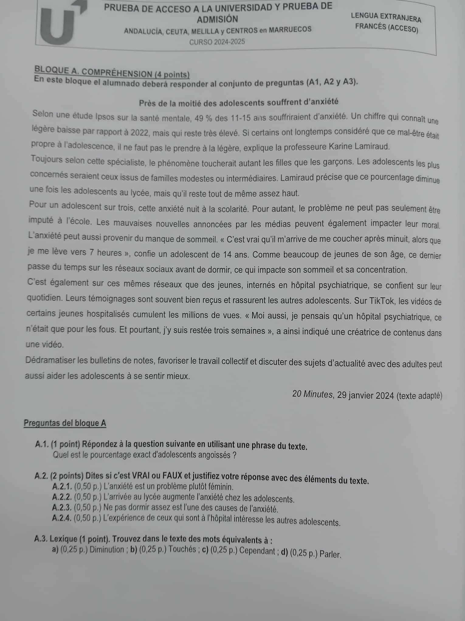 El texto principal del examen de francés en la selectividad de Andalucía 2025.