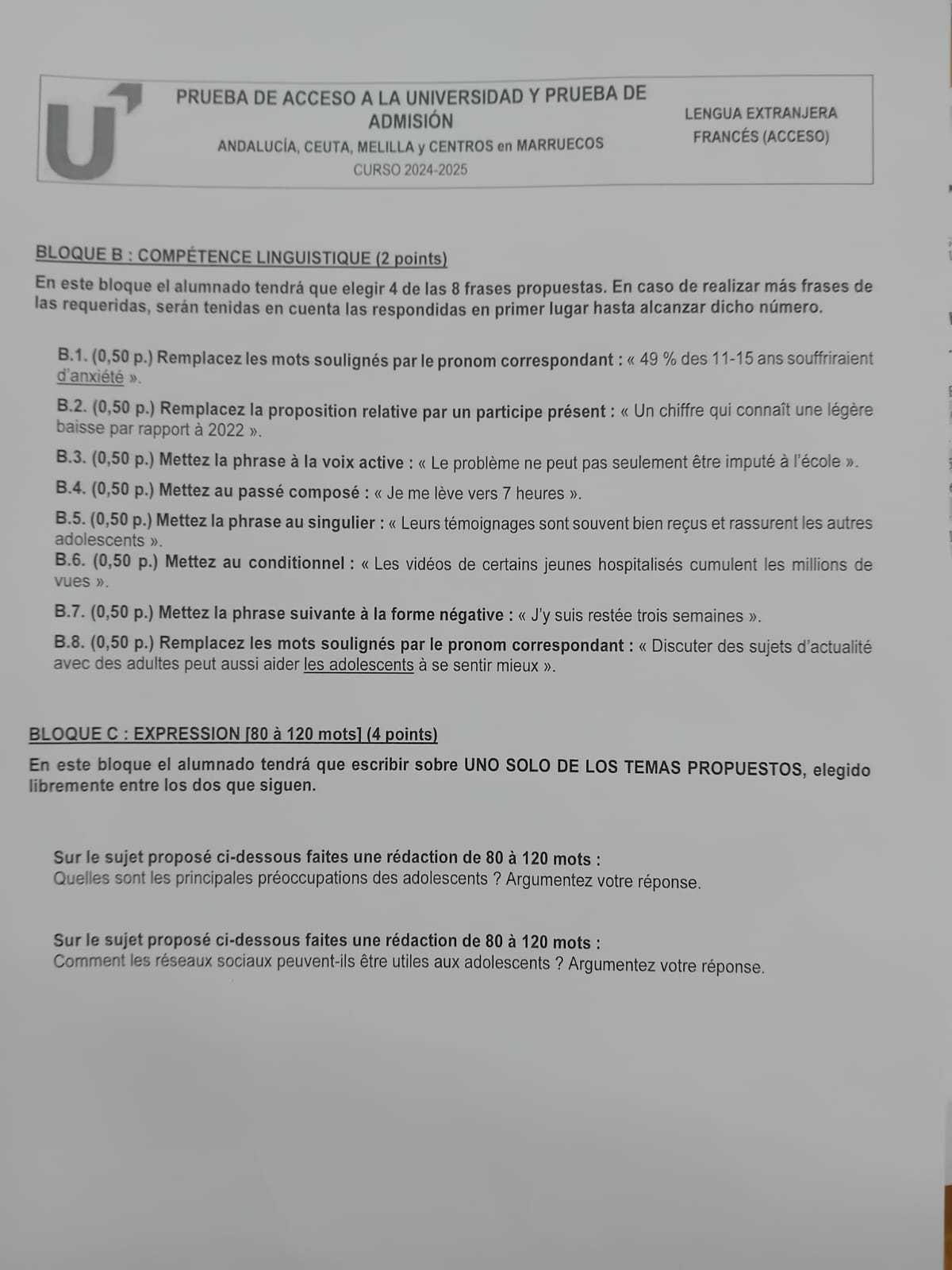 La segunda parte del examen de francés.
