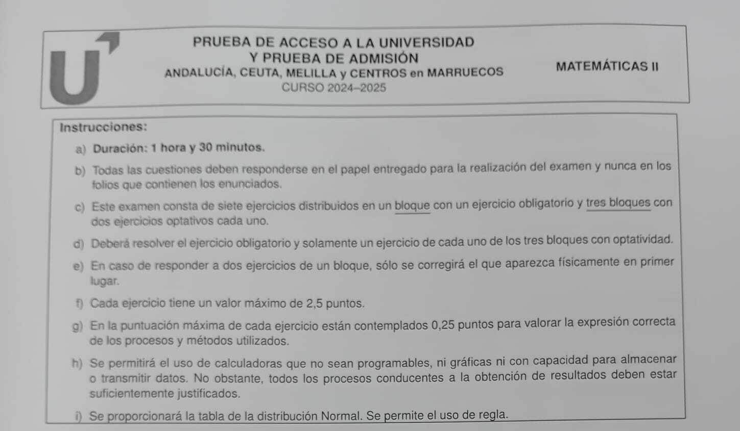 La cabecera del examen de Matemáticas de la EVAU en Andalucía.