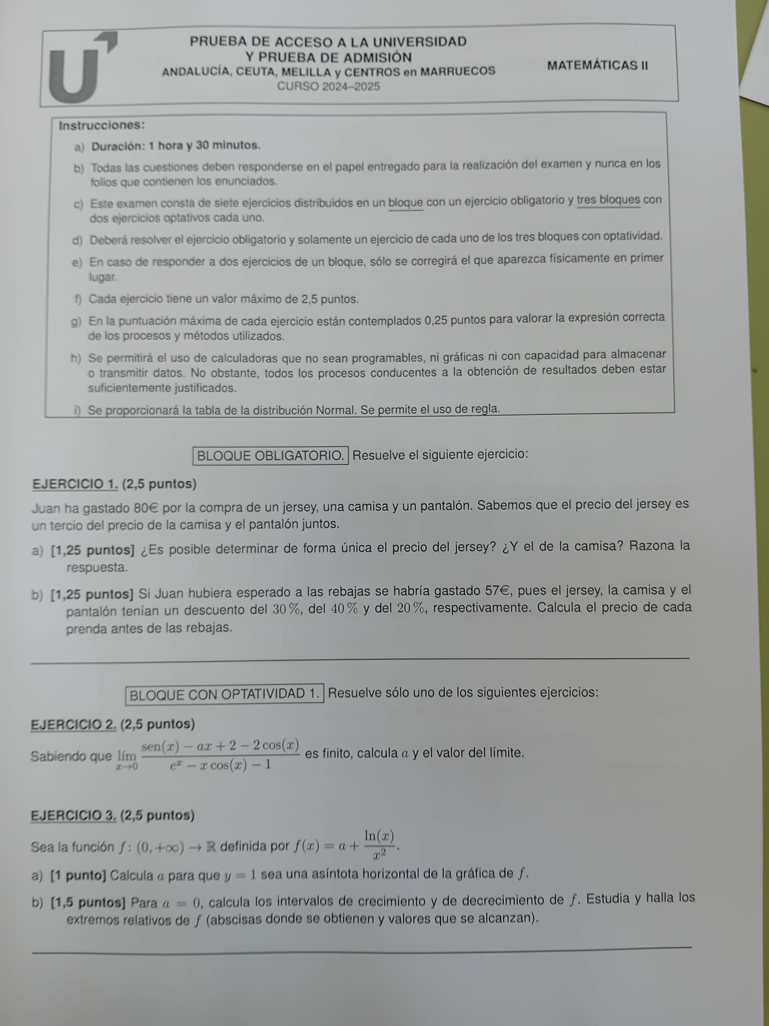 Primera hoja del examen de Matemáticas de la EVAU en Andalucía.