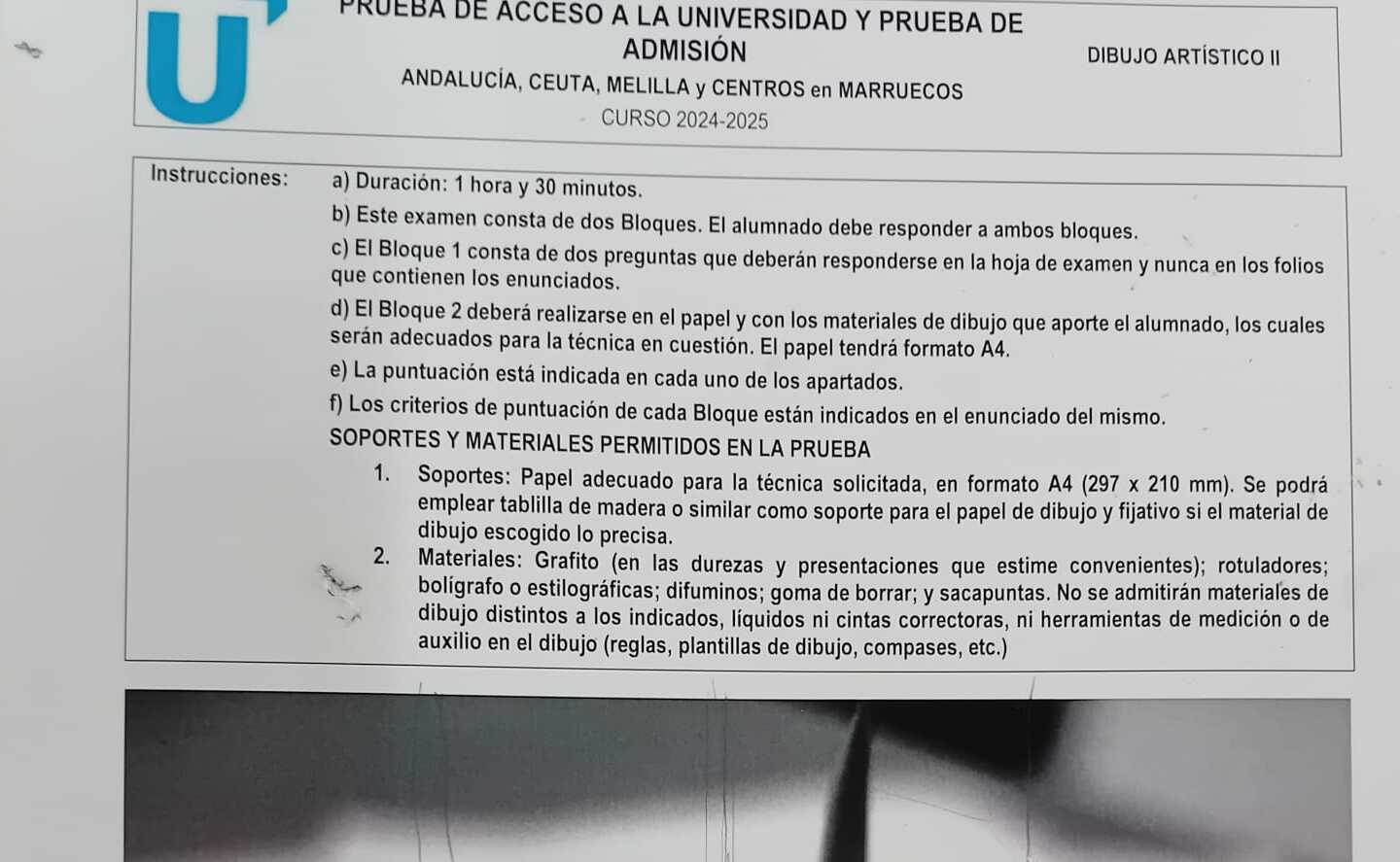 Extracto del examen de Dibujo Artístico en Andalucía 2025.