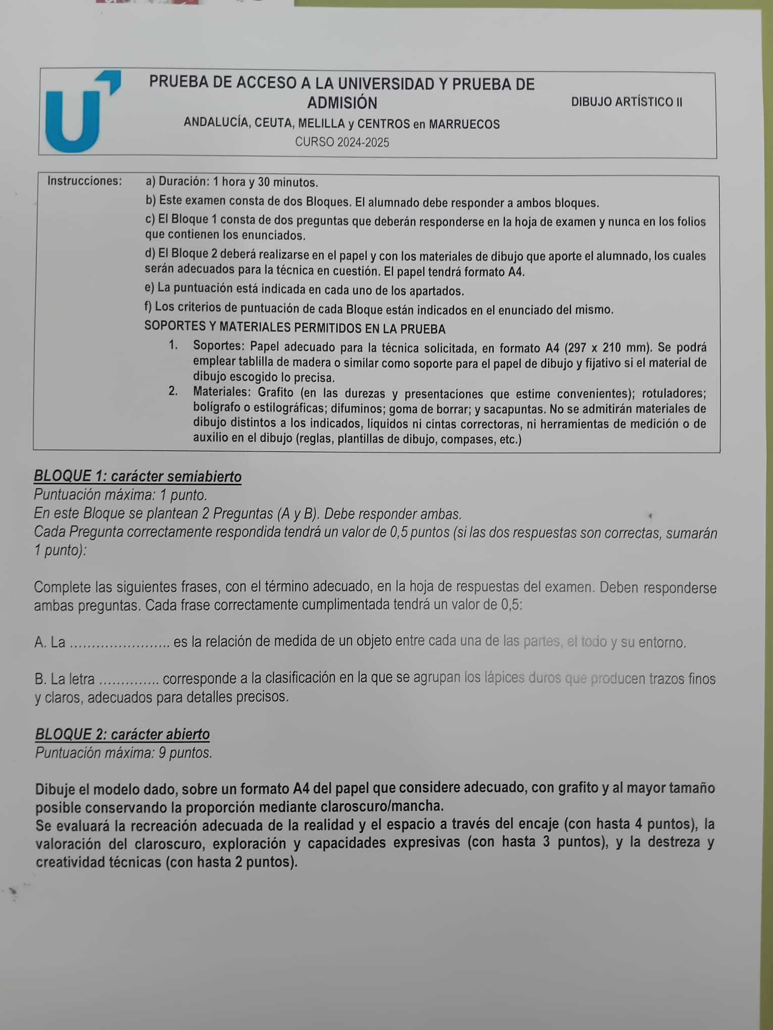 Primera parte del examen de Dibujo Artístico en la convocatoria de junio 2025 en Andalucía.