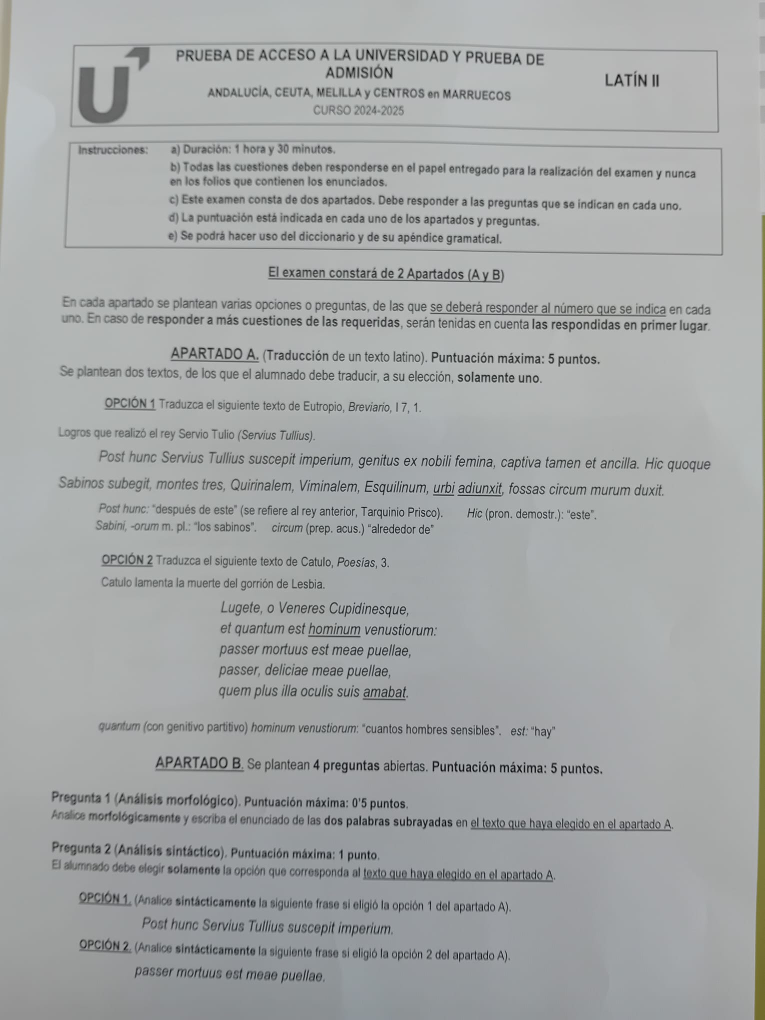Primera parte del examen de Latín.