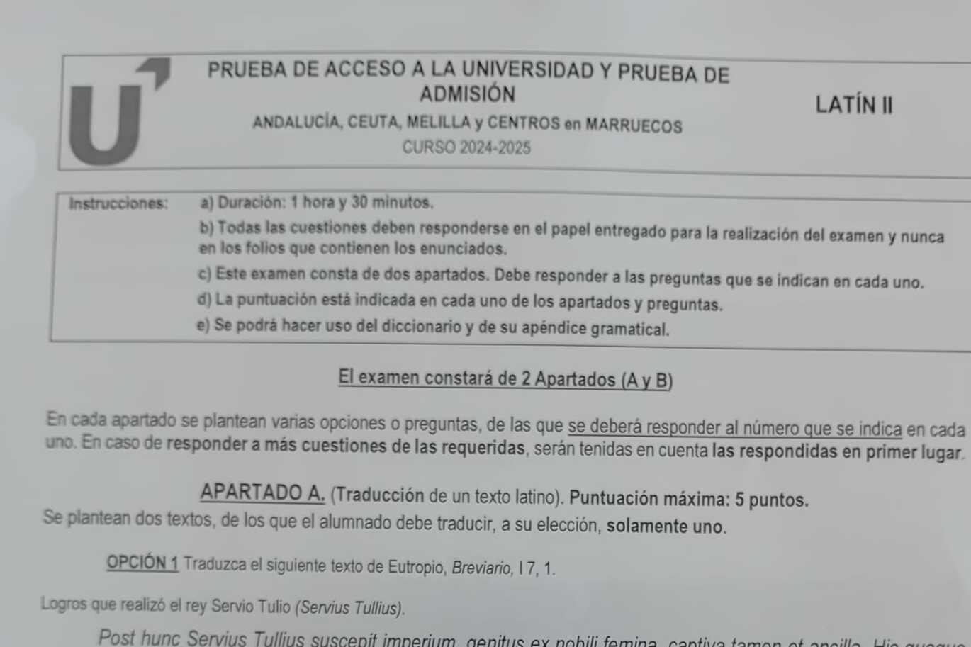 Extracto del examen de Latín | PAU Andalucía 2025.